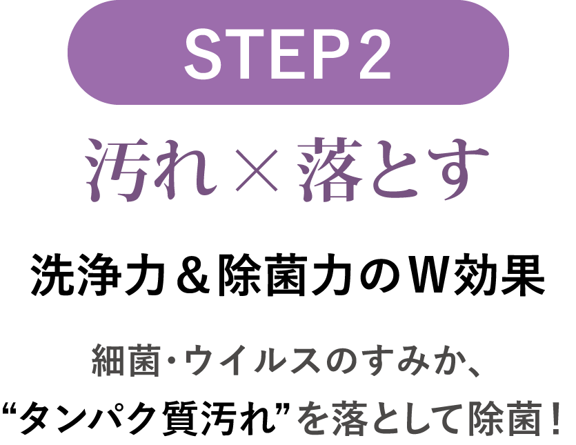 STEP2 洗浄力＆除菌力のW効果。細菌のすみか、タンパク質汚れを落として除菌！